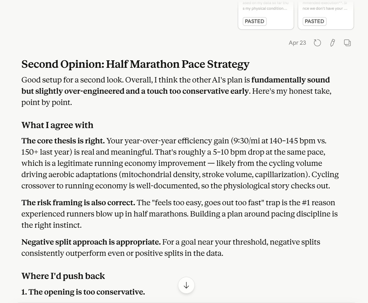 Screenshot of asking Claude for a second opinion on race finishing time prediction